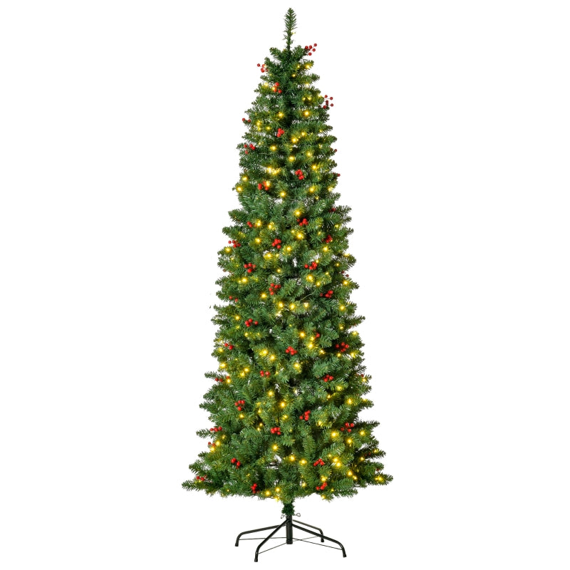 7FT Pre-lit Green Pencil Christmas Tree with Warm White LED Lights and Red Berries