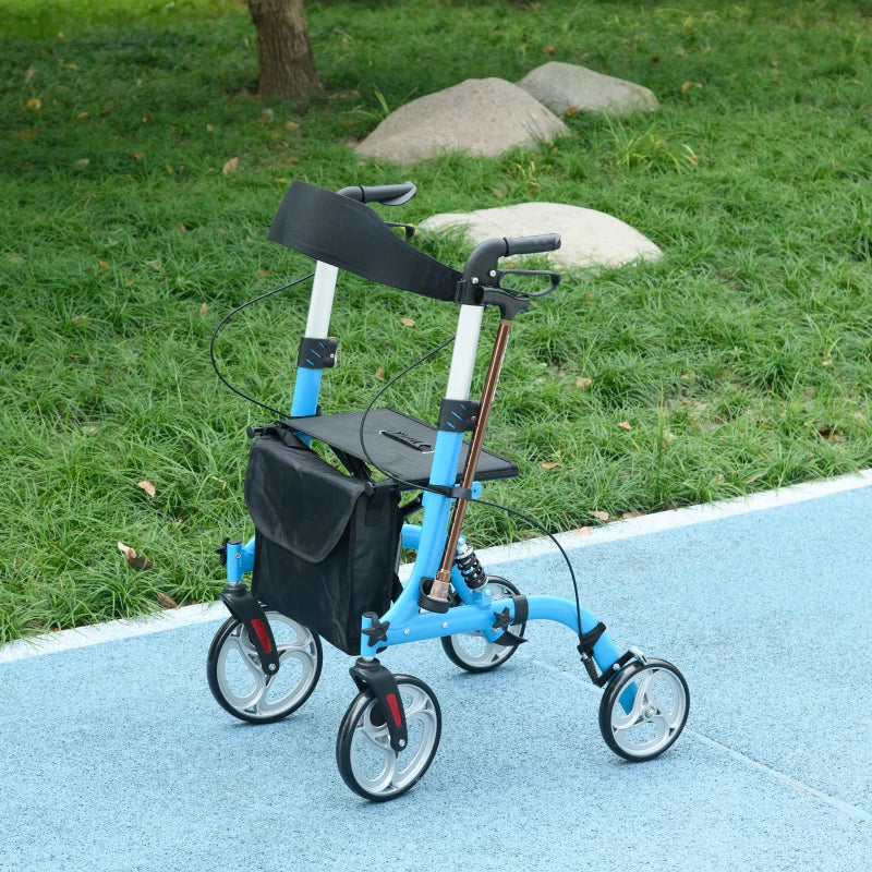 Blue Folding Rollator Walker with Seat and Large Wheels