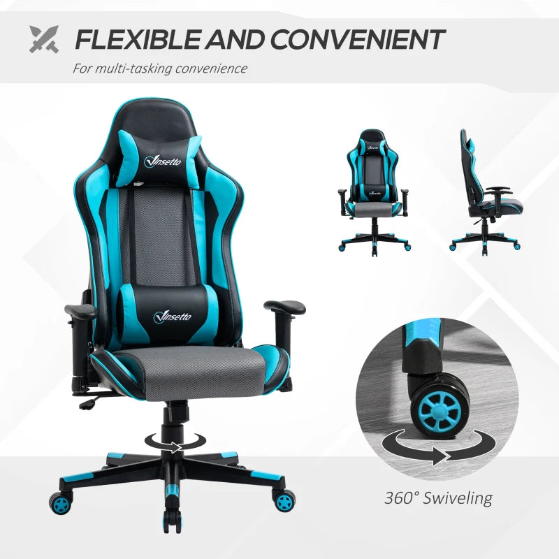 Sky Blue Racing Style Gaming Chair with Headrest and Lumbar Support