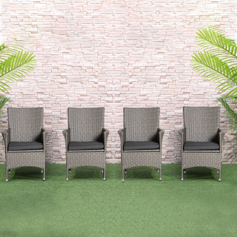 Grey Rattan Armchair Set with Cushions - Set of 4