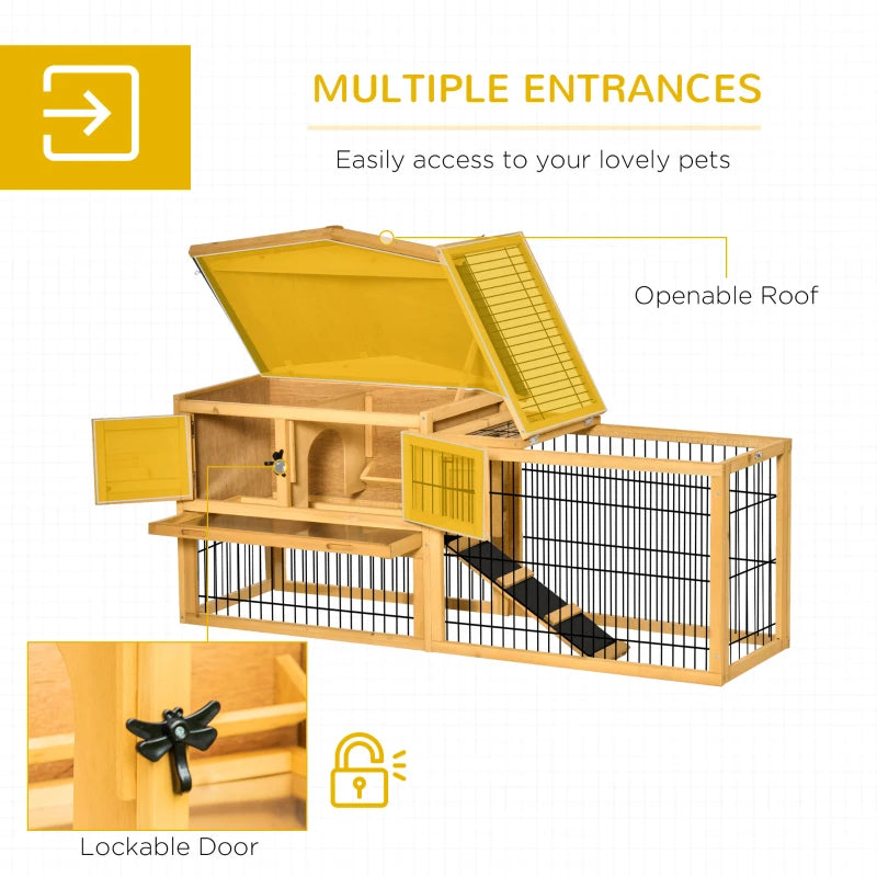 Yellow Outdoor Rabbit Hutch with Run, 2-Level Design, Water-Resistant Roof - 150 x 52.5 x 68 cm