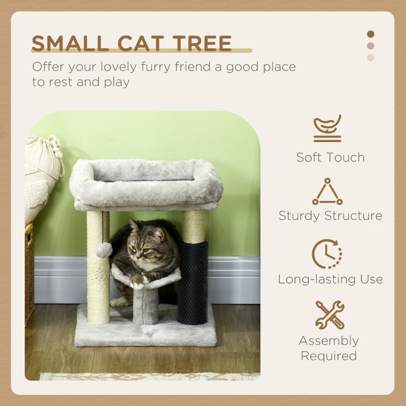 Grey Cat Tree with Scratching Posts, Bed, Perch, Self Groomer, Toy - 48cm