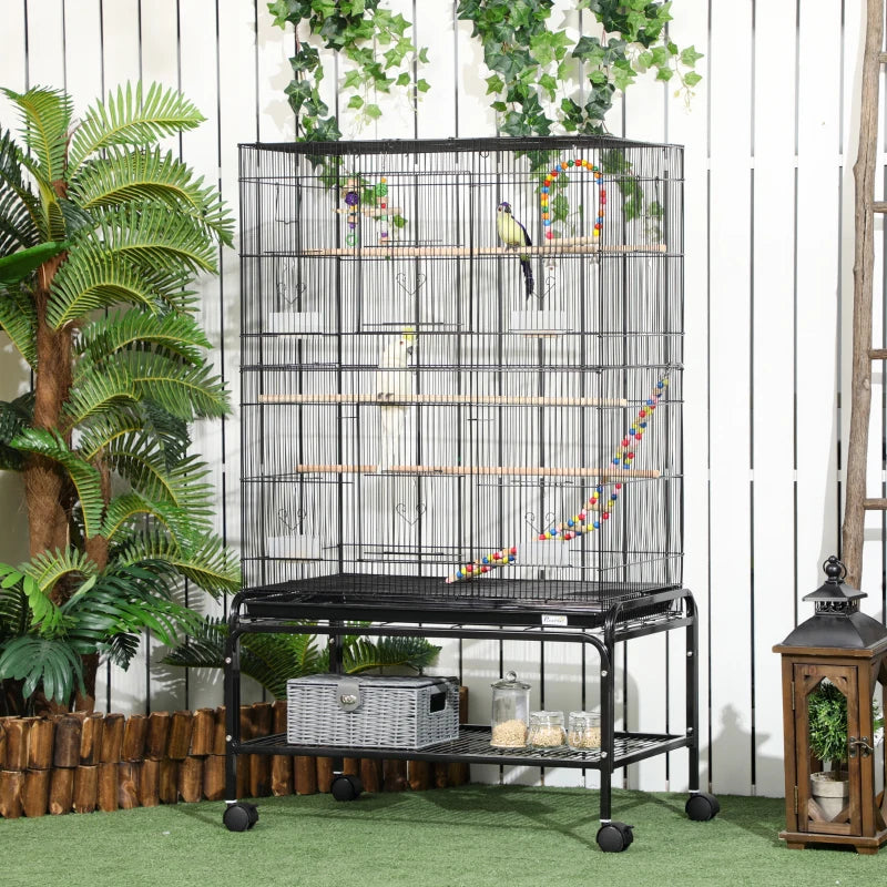 Black Steel Budgie Cage with Stand & Toys - 133cm High