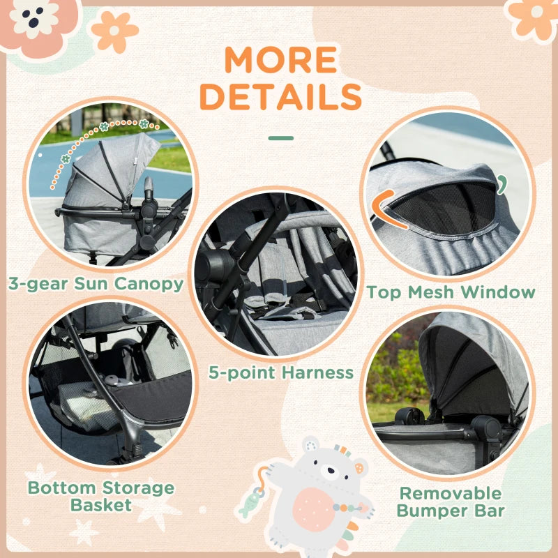Grey Foldable Baby Stroller with Reclining Backrest and Adjustable Canopy