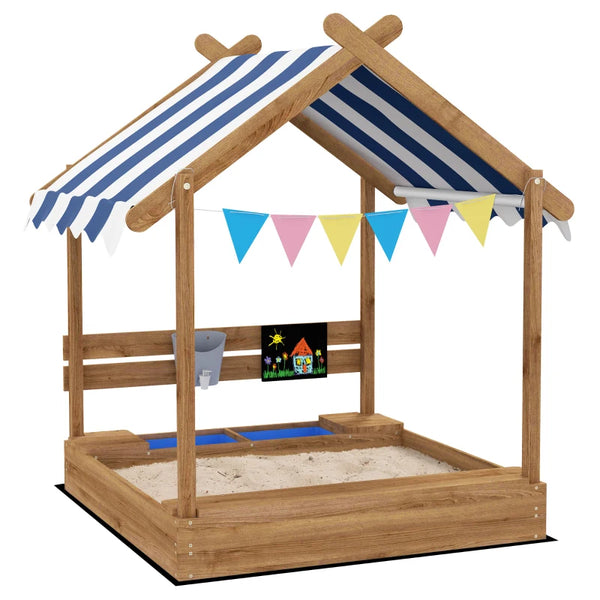 Brown Wooden Sandbox with Blackboard and Toys for Ages 3-7