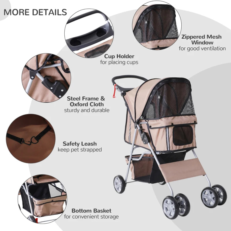 Brown Pet Stroller for Small Pets with Zipper Entry and Storage