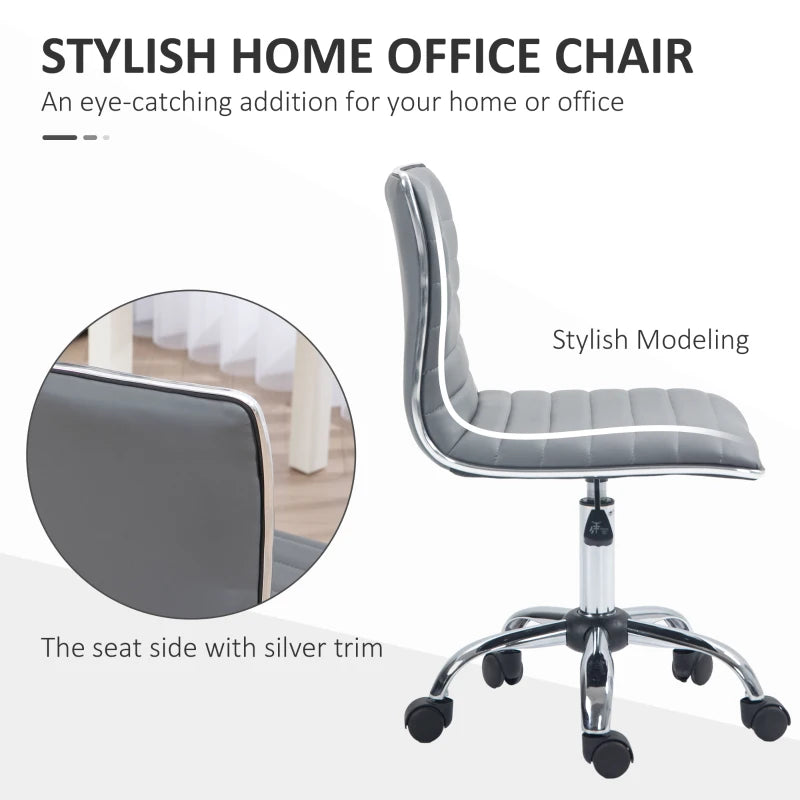 Light Grey Swivel Office Chair - Armless Mid-Back PU Leather, Chrome Base