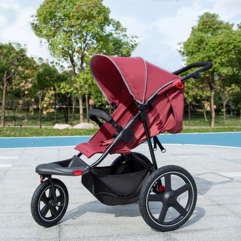 Red Foldable 3-Wheel Baby Stroller with Canopy and Storage Basket