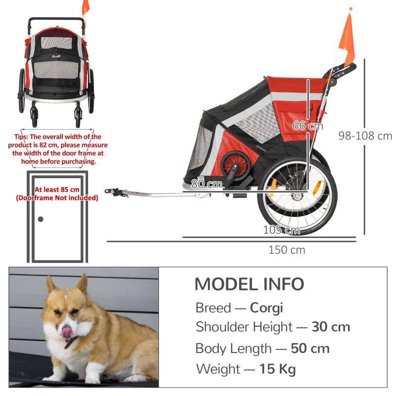 Red Dog Bike Trailer & Stroller Combo for Large Pets