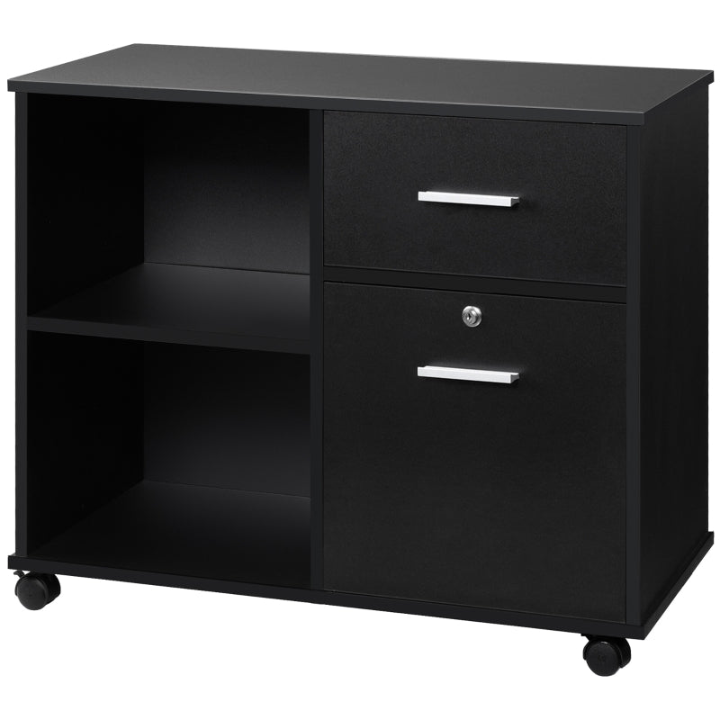 Black Mobile Filing Cabinet with Lockable Drawer and Open Shelves