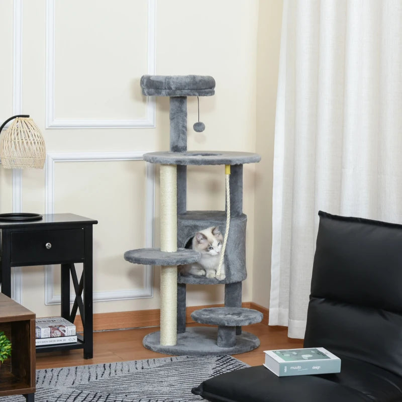 Dark Grey Cat Tree Tower with Toy Ball and Teasing Rope