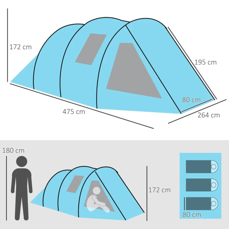 Blue 3-4 Person Tunnel Camping Tent with Windows and Covers