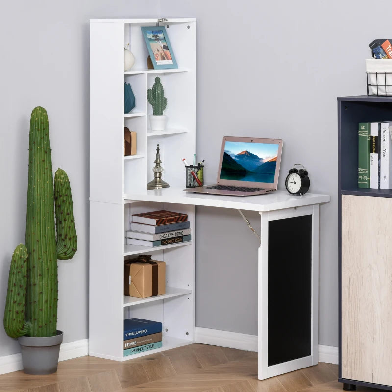 White Wall-Mounted Convertible Writing Desk with Blackboard and Shelf