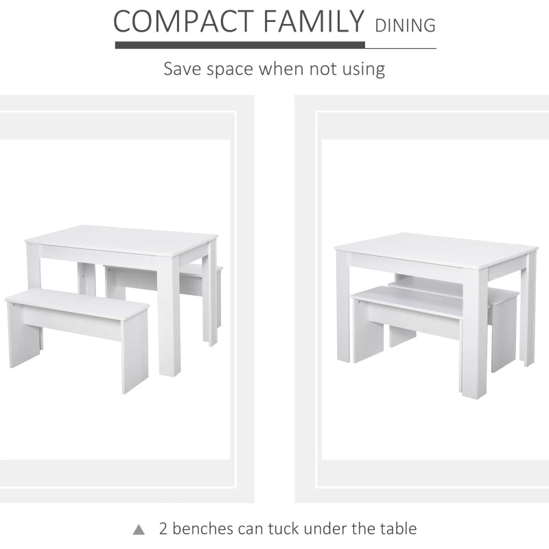 White 3-Piece Dining Set with Table and Benches for Compact Spaces