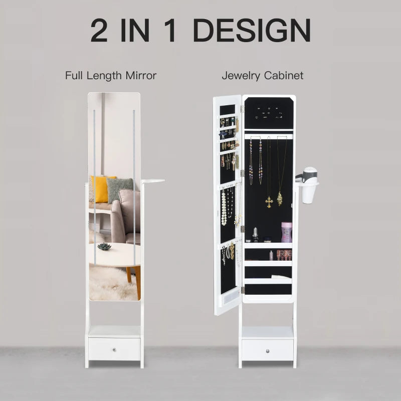 White Full Length Mirror Jewellery Cabinet with LED Lights and Storage