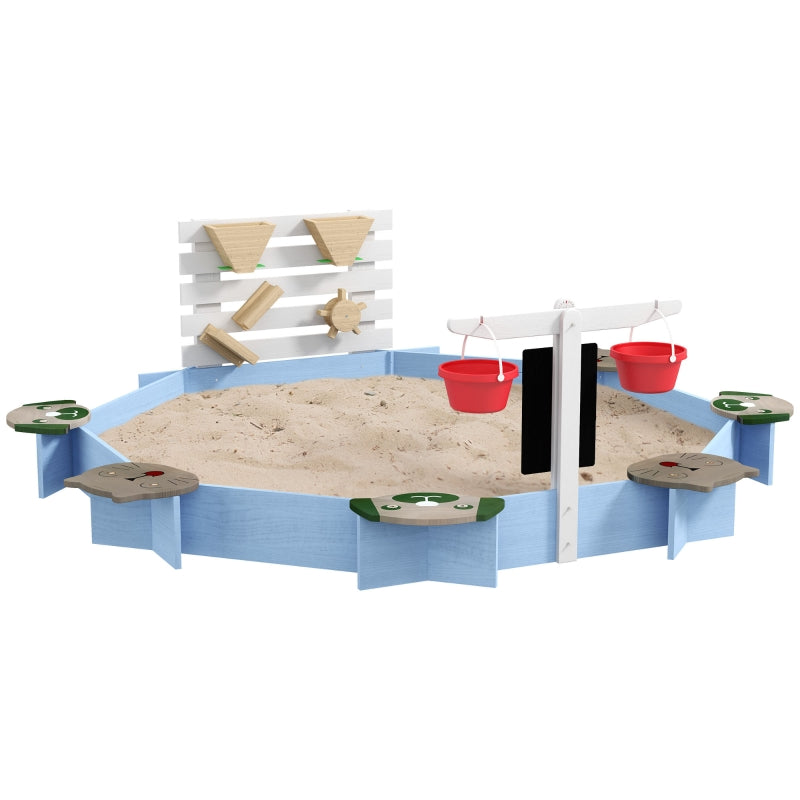 Blue Wooden Sandbox with Six Seats and Accessories for Ages 3-7