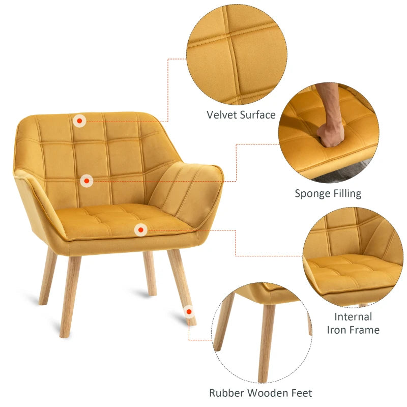 Yellow Armchair with Wide Arms and Slanted Back - Iron Frame, Wooden Legs