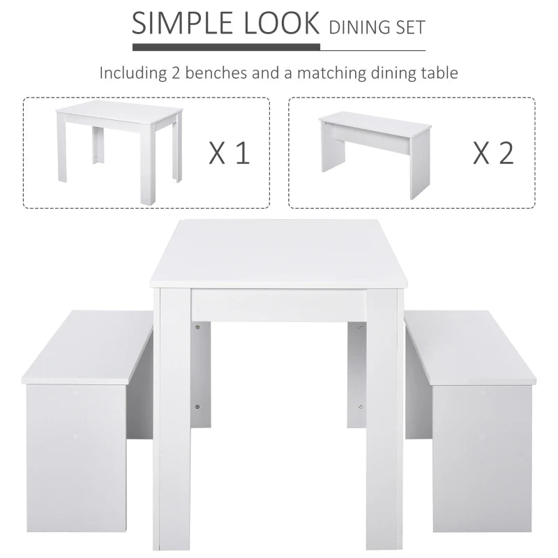 White 3-Piece Dining Set with Table and Benches for Compact Spaces