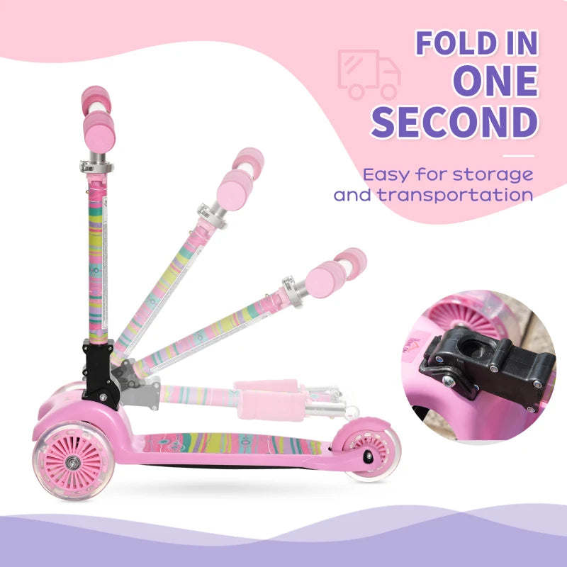 Foldable Pink Kids 3-Wheel Scooter with LED Flashing Wheels