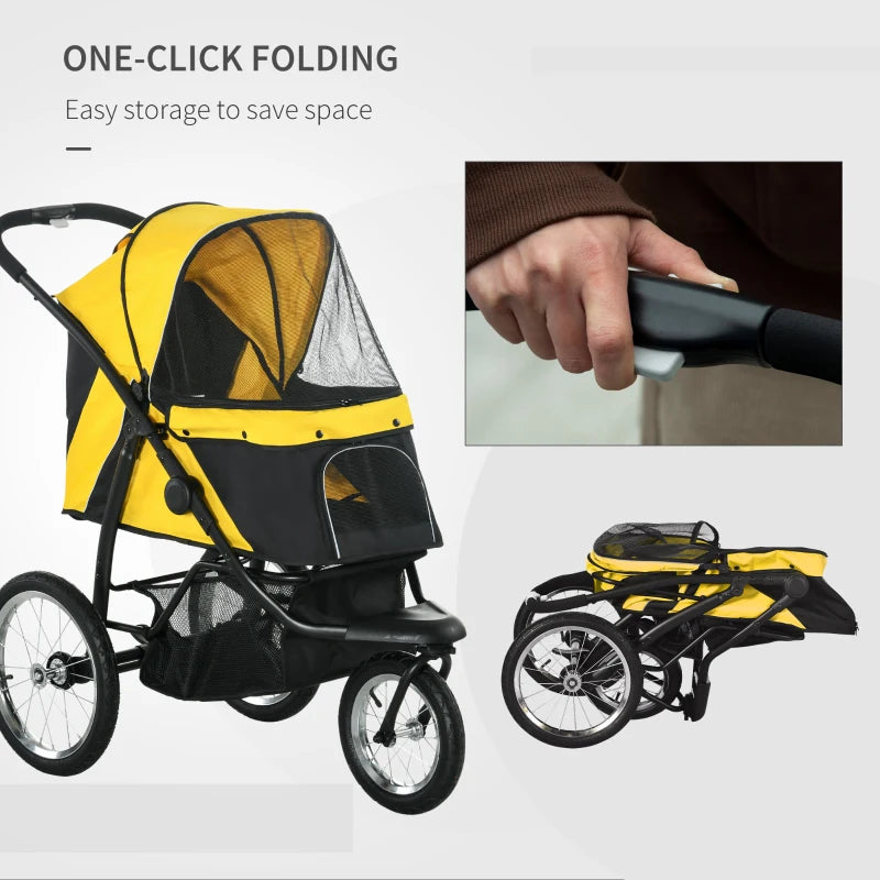 Yellow Foldable Pet Stroller with Canopy for Small and Medium Dogs