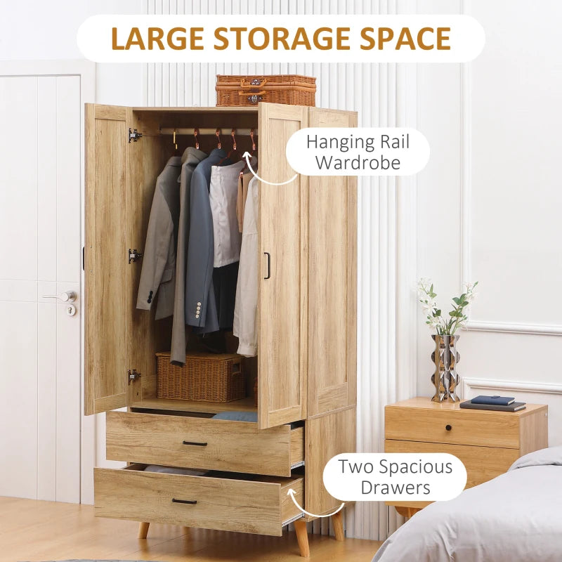 Natural 2-Door Wardrobe with Drawers and Hanging Rail for Bedroom