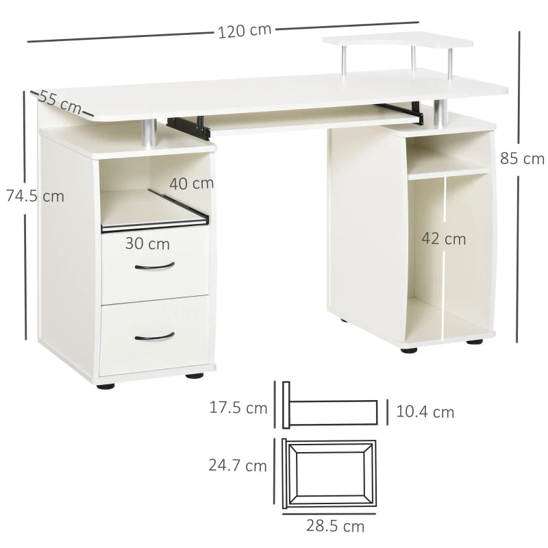 White Computer Desk with Keyboard Tray and Drawers