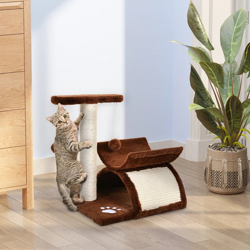 Brown Cat Tree with Rotating Top Bar, Scratching Post, Tunnel & Balls