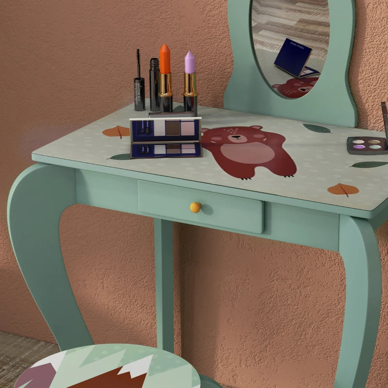 Green Kids Dressing Table Set with Mirror, Stool, Drawer - Cute Animal Design