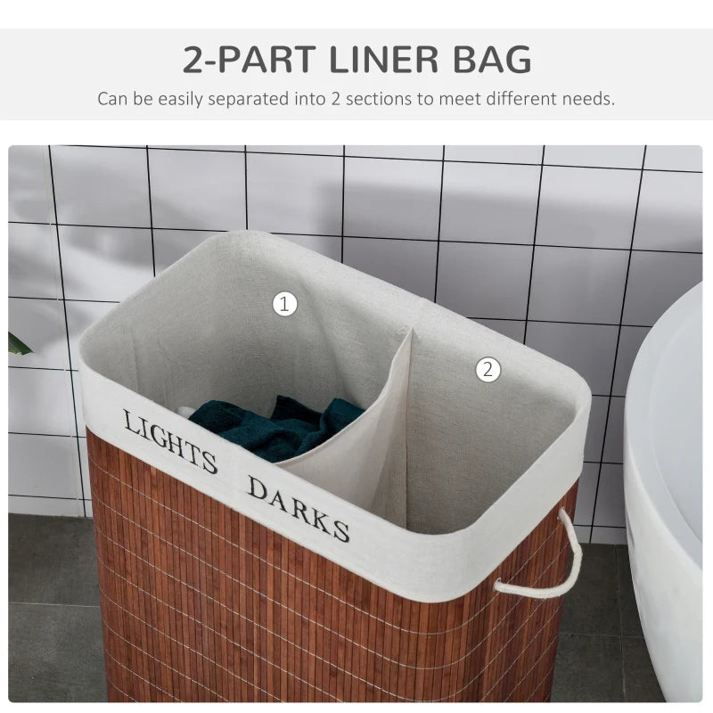 Brown 2-Section Collapsible Laundry Basket with Lid and Handles