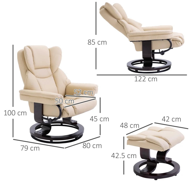 Cream Faux Leather Swivel Recliner Chair with Adjustable Backrest & Footstool