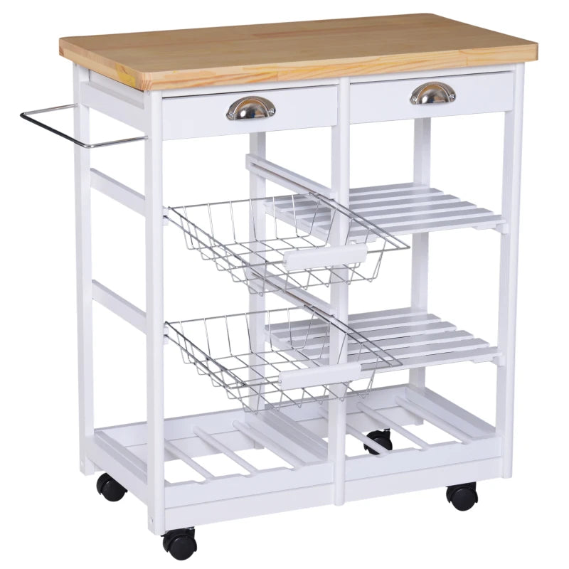 White Rolling Kitchen Island Cart with Drawers, Shelves, Basket, Wine Rack & Wheels