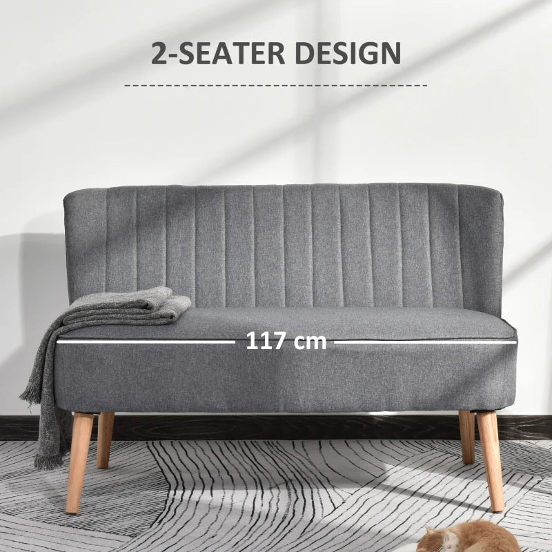 Grey Linen 2-Seater Sofa with Wood Legs