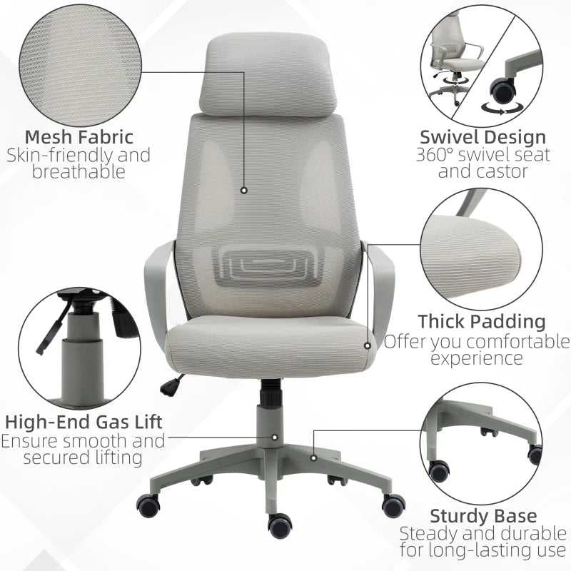 Grey Ergonomic Mesh Office Chair with Lumbar Support & Headrest