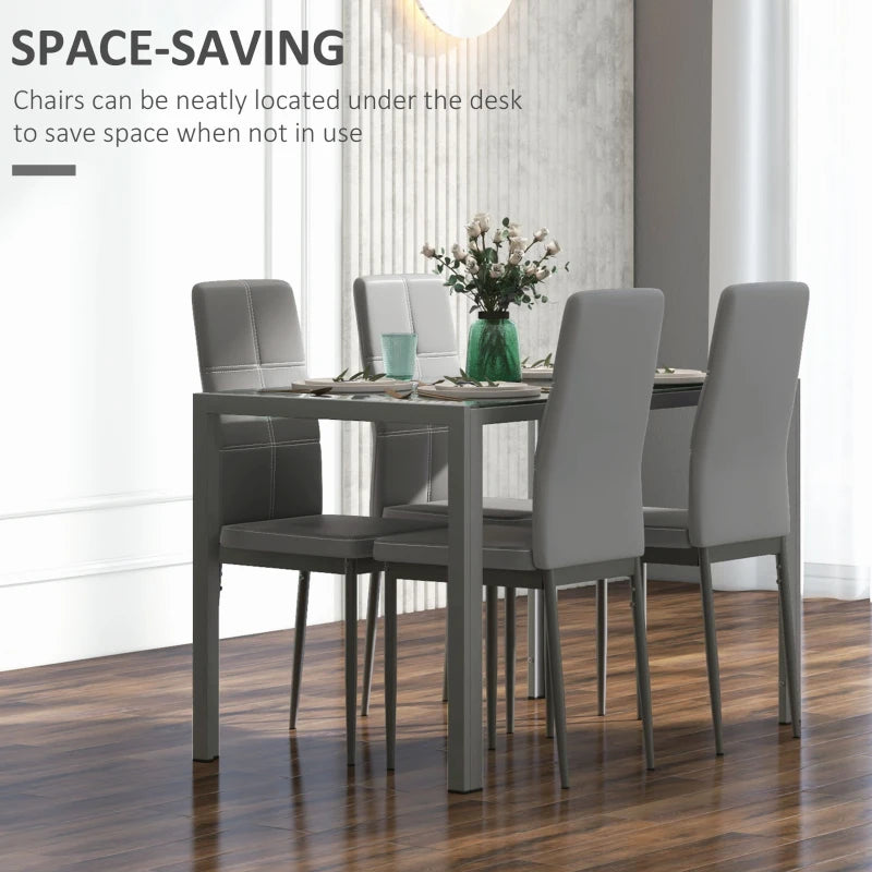 5-Piece Grey Dining Table Set with Glass Tabletop and Faux Leather Chairs