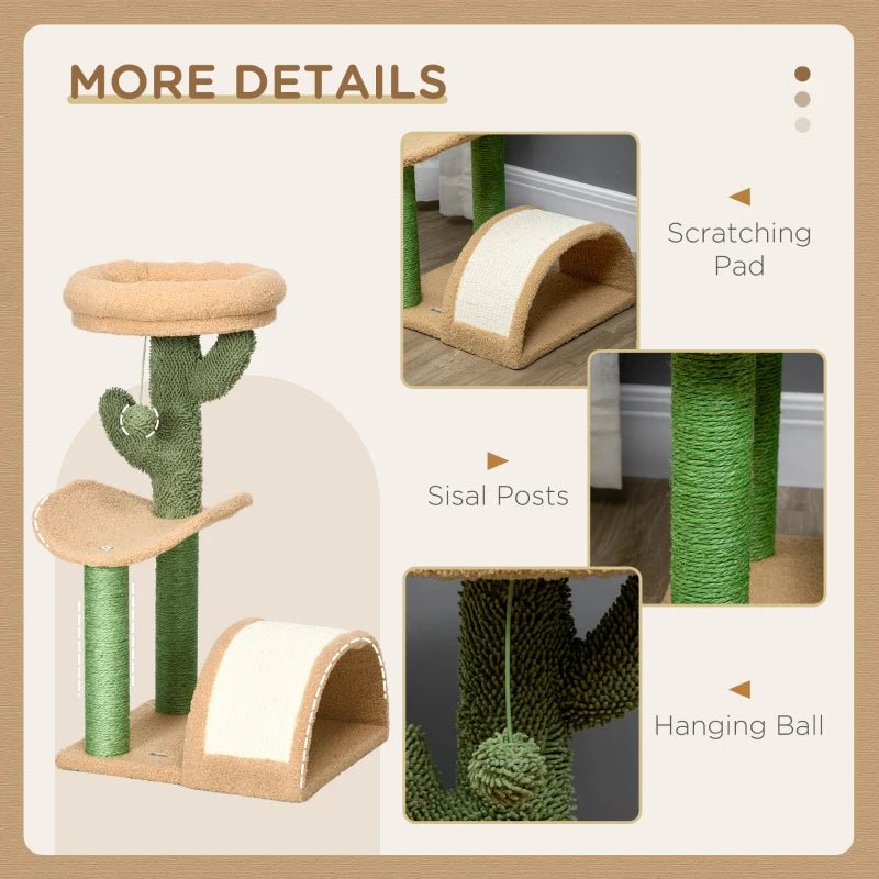 72cm Cat Tree with Top Bed, Curved Pad, Sisal Scratching Post - Beige & Green