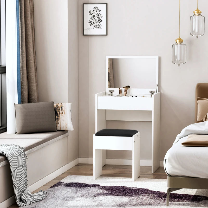 White Vanity Set with Flip-up Mirror and Padded Stool