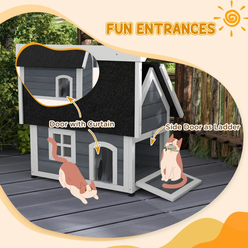 Grey Wooden Outdoor Cat Shelter with Asphalt Roof, 77x57.5x68cm