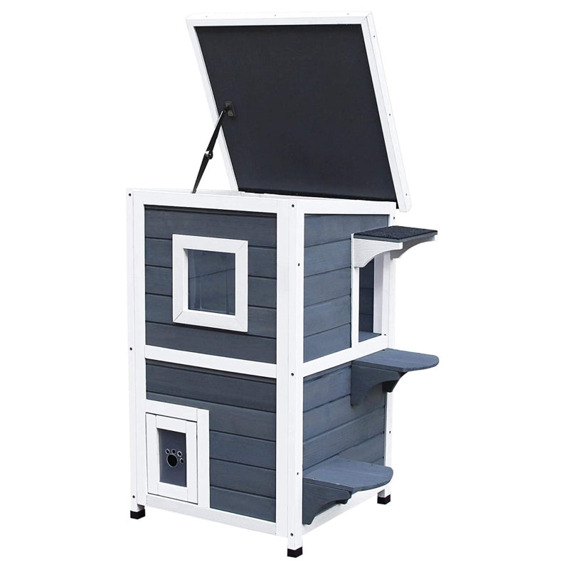 Grey 2-Floor Wooden Cat House with Window