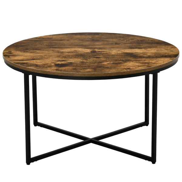 Rustic Brown Round Industrial Coffee Table with Metal Frame