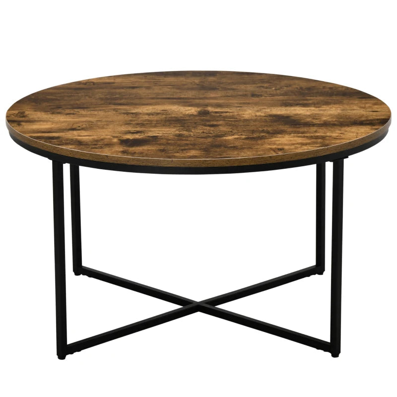 Rustic Brown Round Industrial Coffee Table with Metal Frame