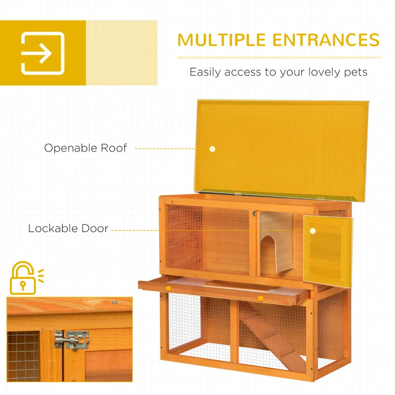 Wooden 2-Tier Outdoor Rabbit Hutch with Opening Top, 90 x 45 x 80cm, Brown