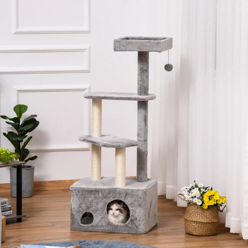 Grey 4-Level Cat Tree Tower with Scratching Post and Perches