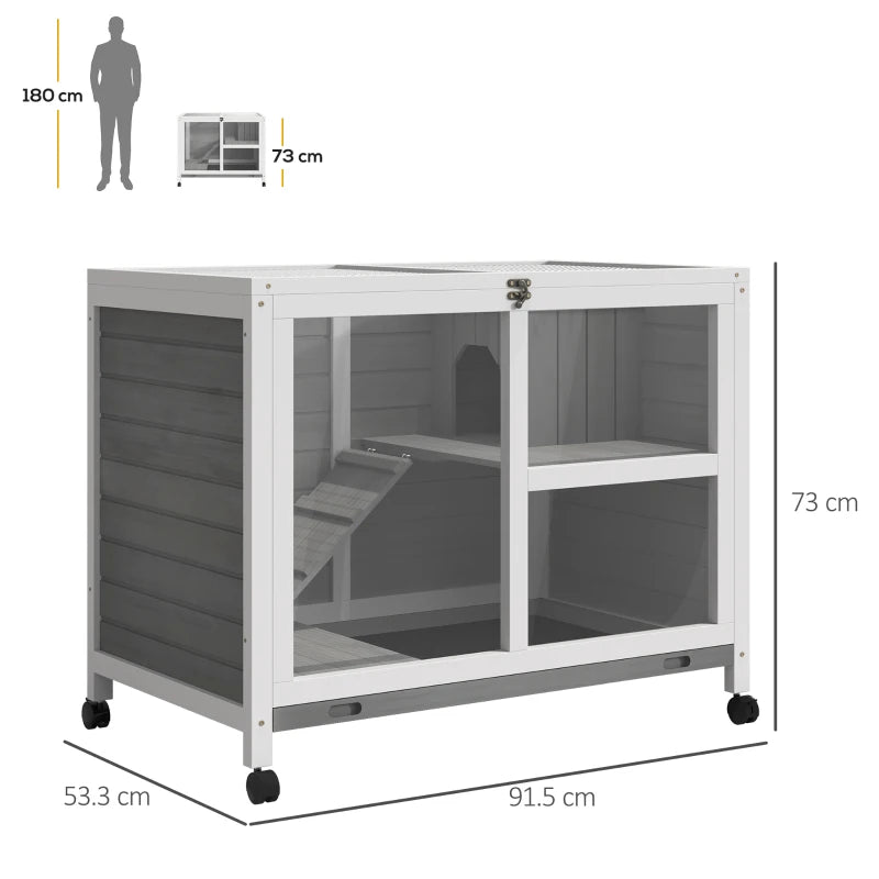 Brown Indoor Wooden Rabbit Hutch with Wheels, 2 Layers & Openable Roof, 91.5 x 53.3 x 73 cm