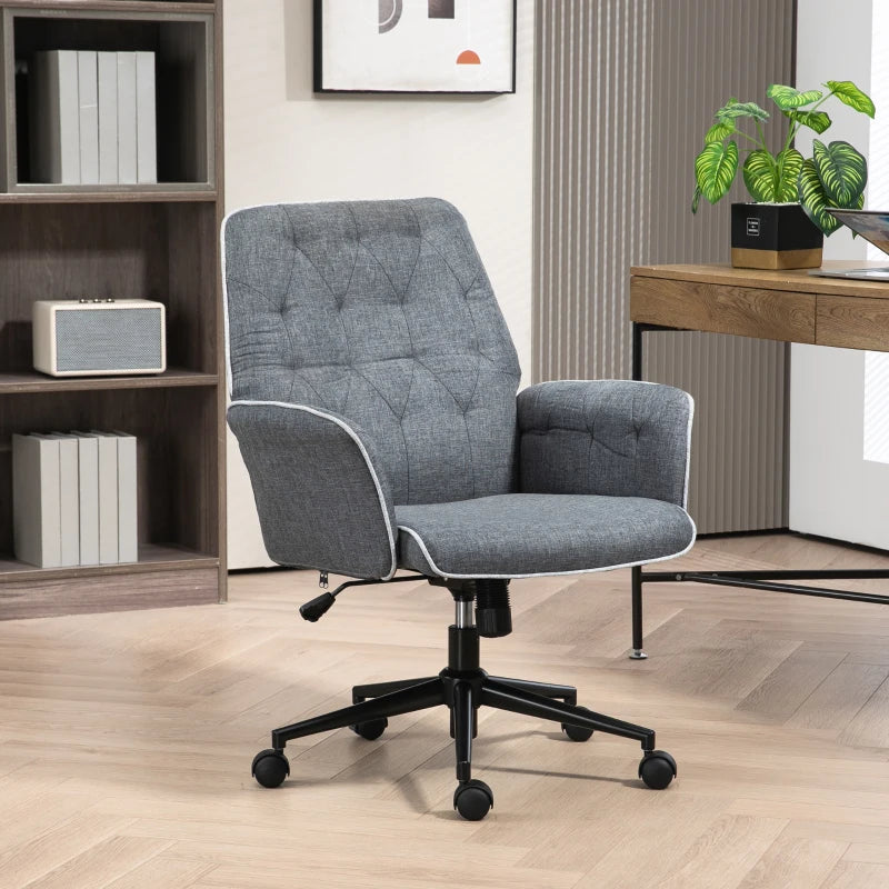 Dark Grey Linen Swivel Computer Chair with Armrest & Adjustable Height