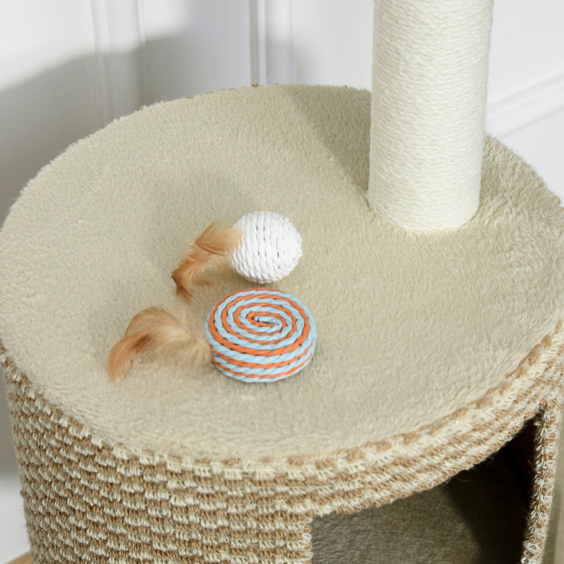 Beige Cat Tree Tower with Scratching Posts and Perch