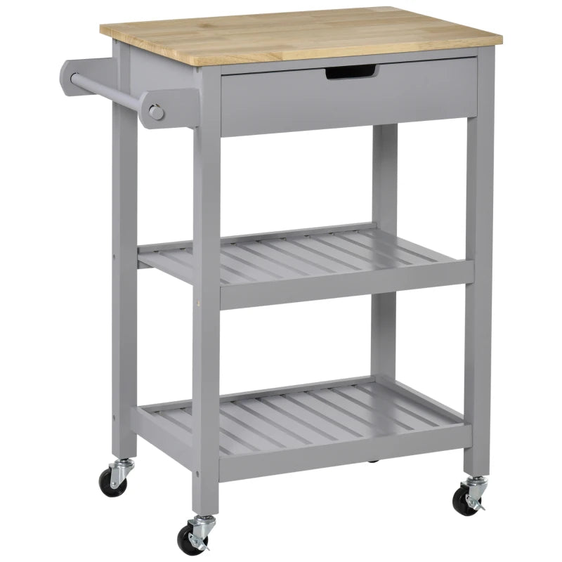 Grey Kitchen Utility Cart with Rubberwood Worktop and Storage