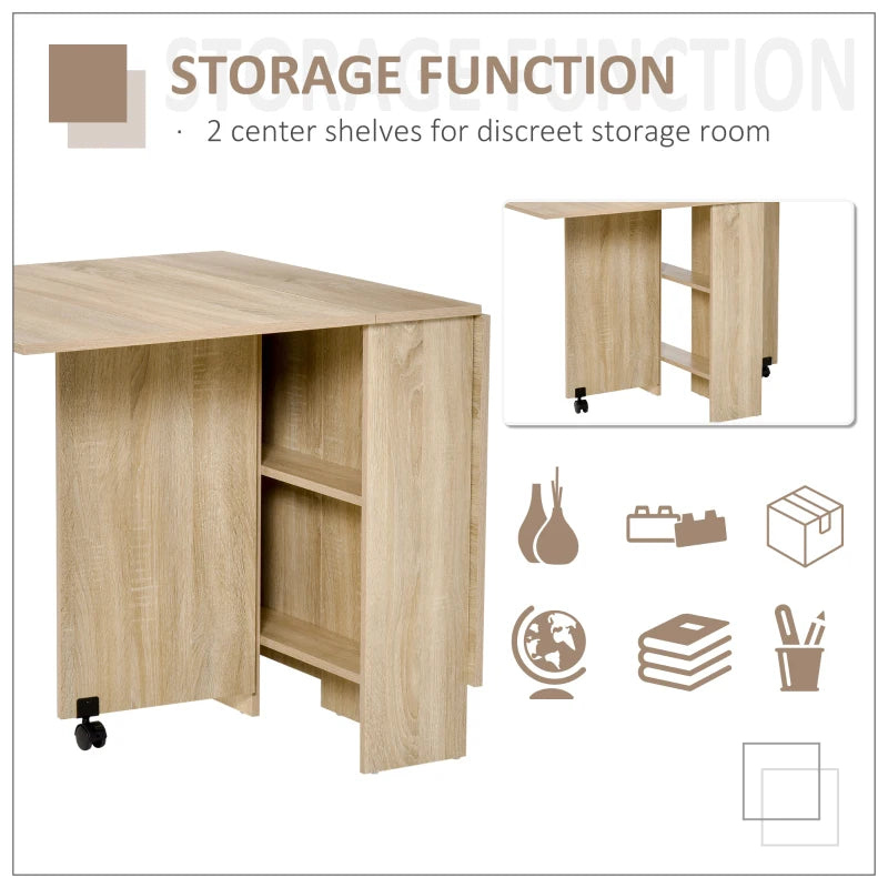 Natural Folding Drop Leaf Dining Table with Shelves and Casters