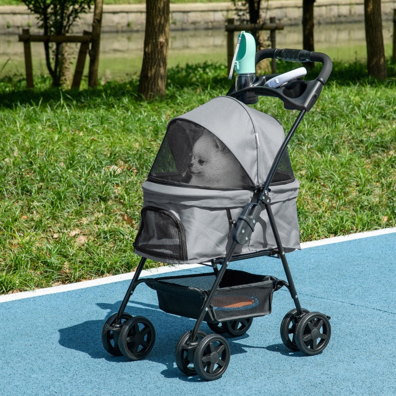 Grey Pet Stroller with Canopy and Storage Basket