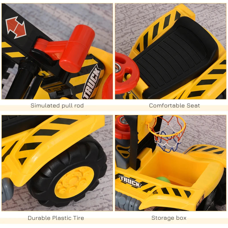 Blue Kids Ride-On Excavator with Basketball Net & Steering Wheel Toy