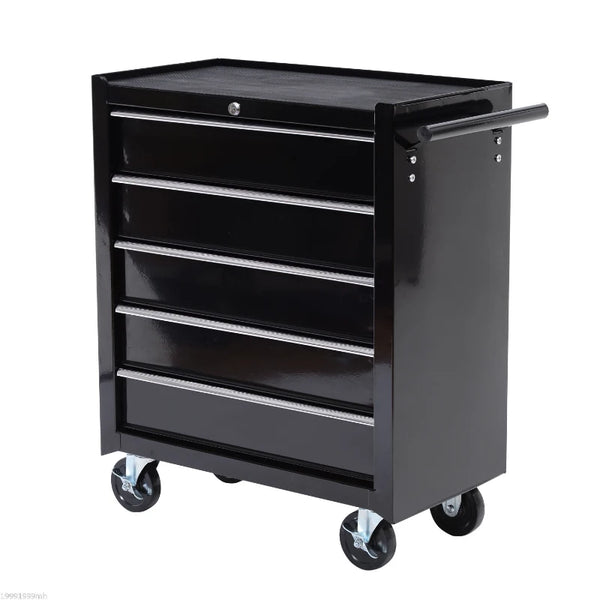 Black 5-Drawer Steel Tool Chest with Wheels and Lockable Cabinet